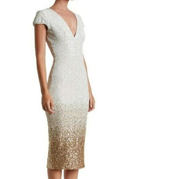 Dress the Population Size XS Cece Gold Ombre Sequin Midi Dress Wedding - Picture 2 of 12